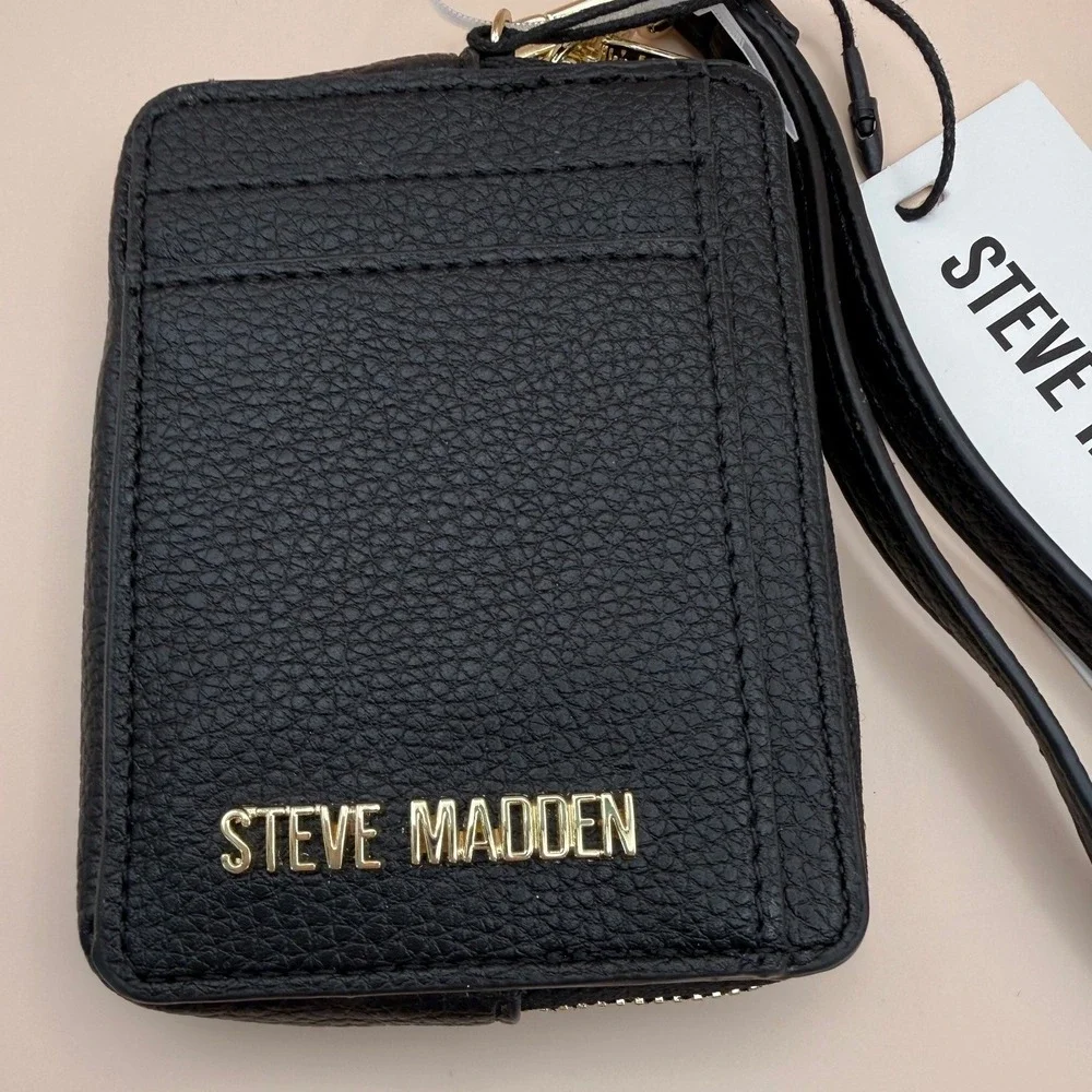 Steve Madden Bpipper Black Card Case Wristlet Wallet Zip Around New - Picture 2 of 5